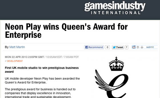 Games Industry coverage of Neon Play Queen's Award win