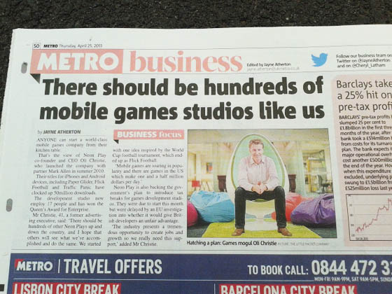 Metro Newspaper feature on Neon Play