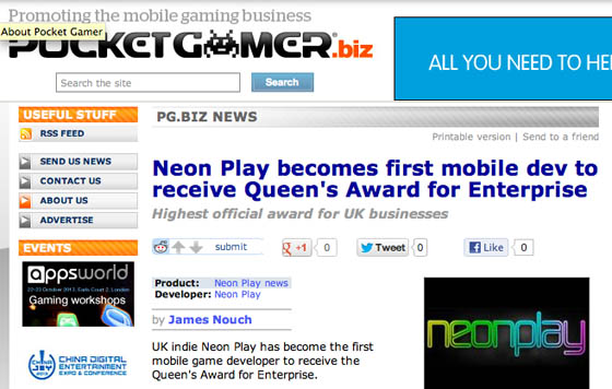 Pocket Gamer coverage of Neon Play Queen's Award win