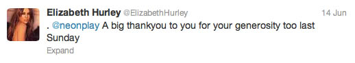 Elizabeth Hurley tweet to Neon Play
