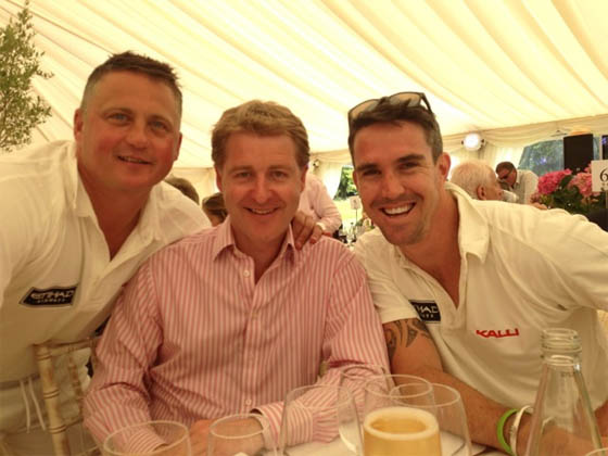 Oli Christie of Neon Play with Darren Gough and Kevin Pieterson