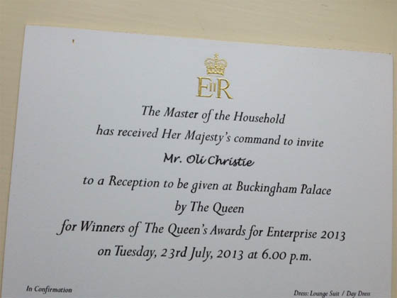 Queen's Award invitation for Oli Christie of Neon Play
