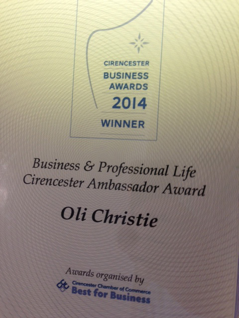 Oli Christie wins Ambassador of the Year at Cirencester Business Awards for Neon Play