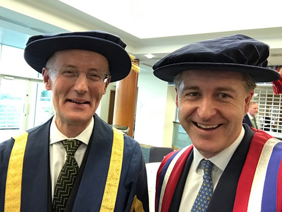 Oli Christie with Stephen Marston and an Honorary Degree from the University of Gloucestershire